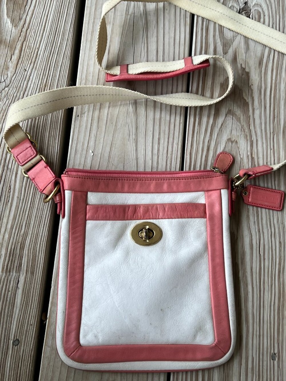 Coach Legacy Turnlock crossbody bag in white and salmon pink leather